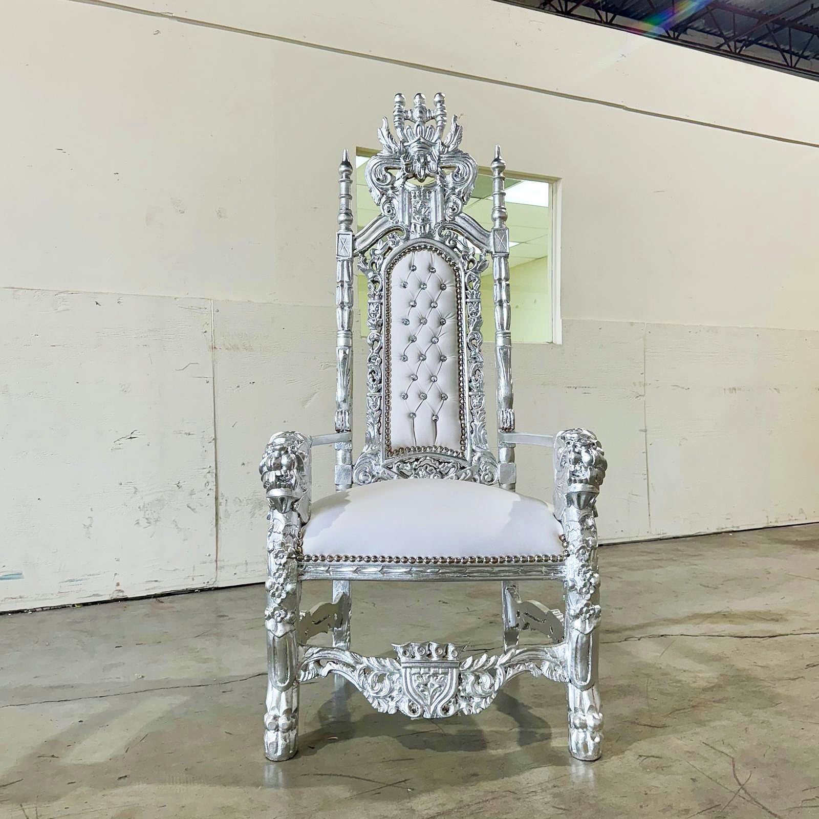 King Throne Chair with White Leather Silver Leaf Details French Medieval Style