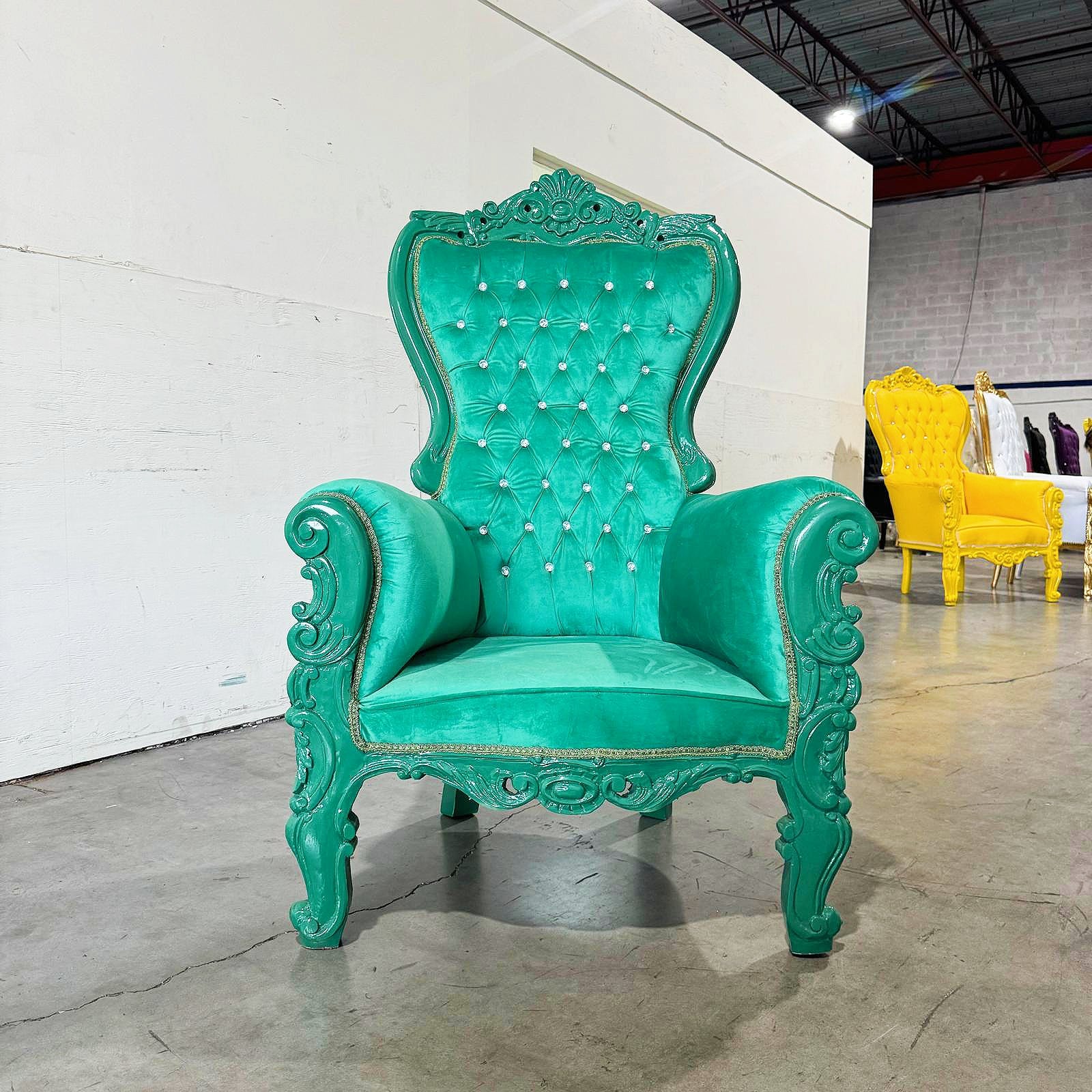 French Style Green Velvet Throne Chair Midsize Tufted Chair