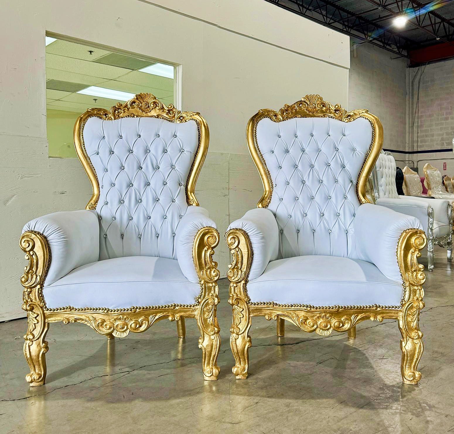 French Style White Throne Chair Midsize Tufted Chair Gold Details