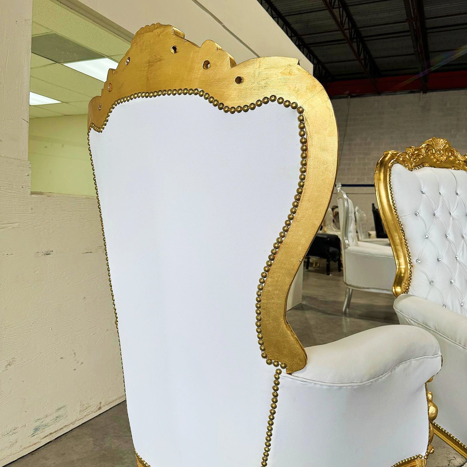 French Style White Throne Chair Midsize Tufted Chair Gold Details