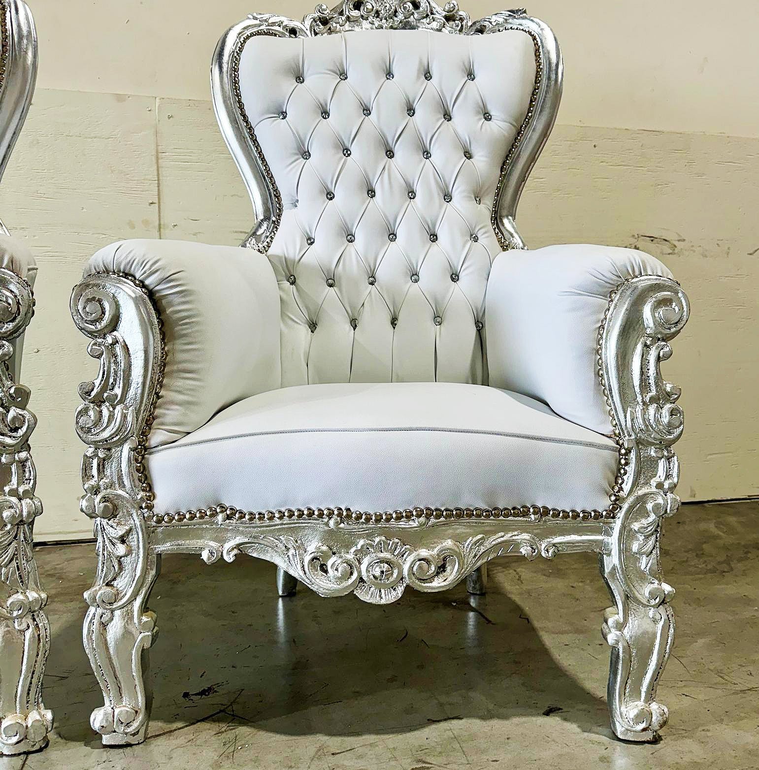 White Throne Chair Midsize French Style Tufted Chair Silver Details