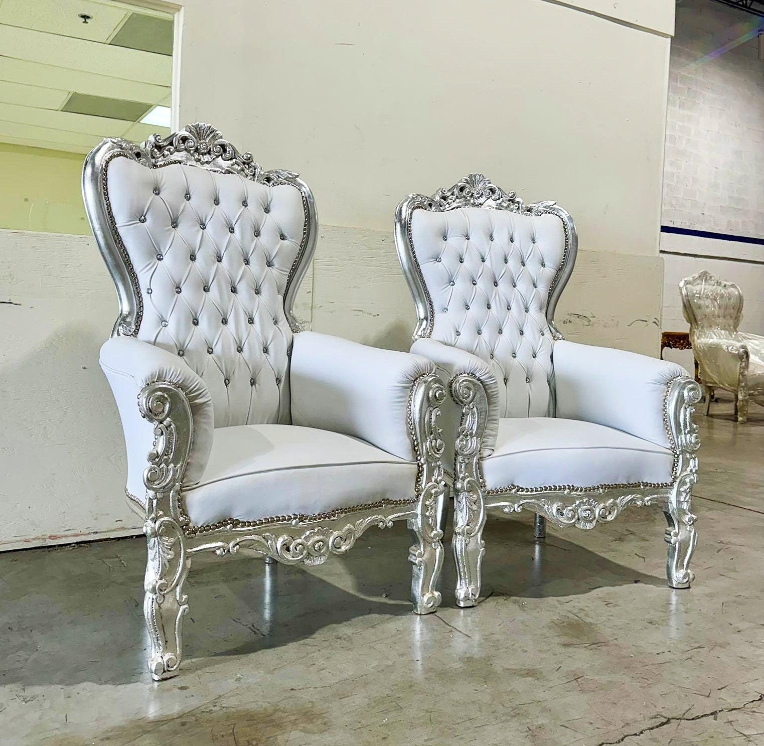 White Throne Chair Midsize French Style Tufted Chair Silver Details