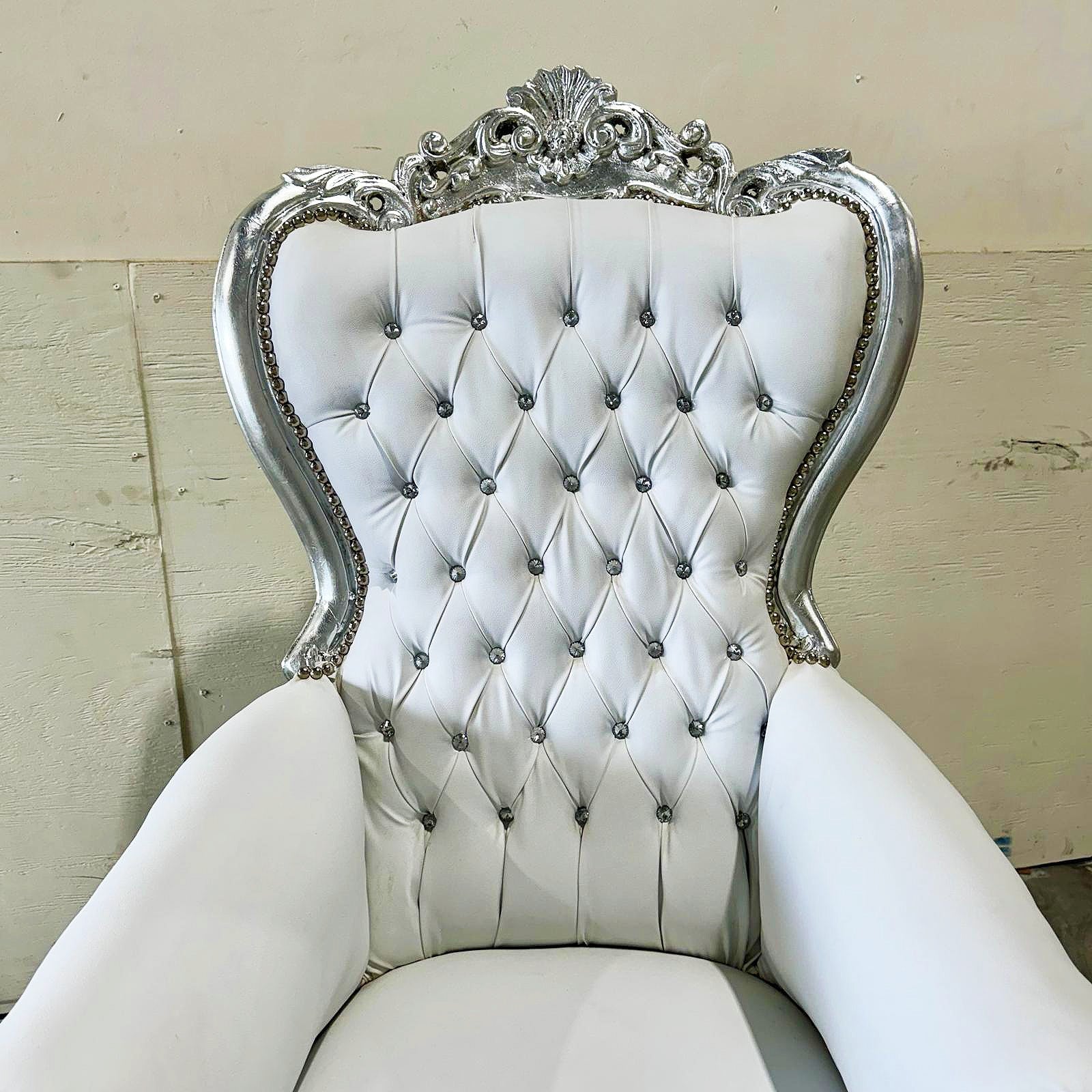 White Throne Chair Midsize French Style Tufted Chair Silver Details