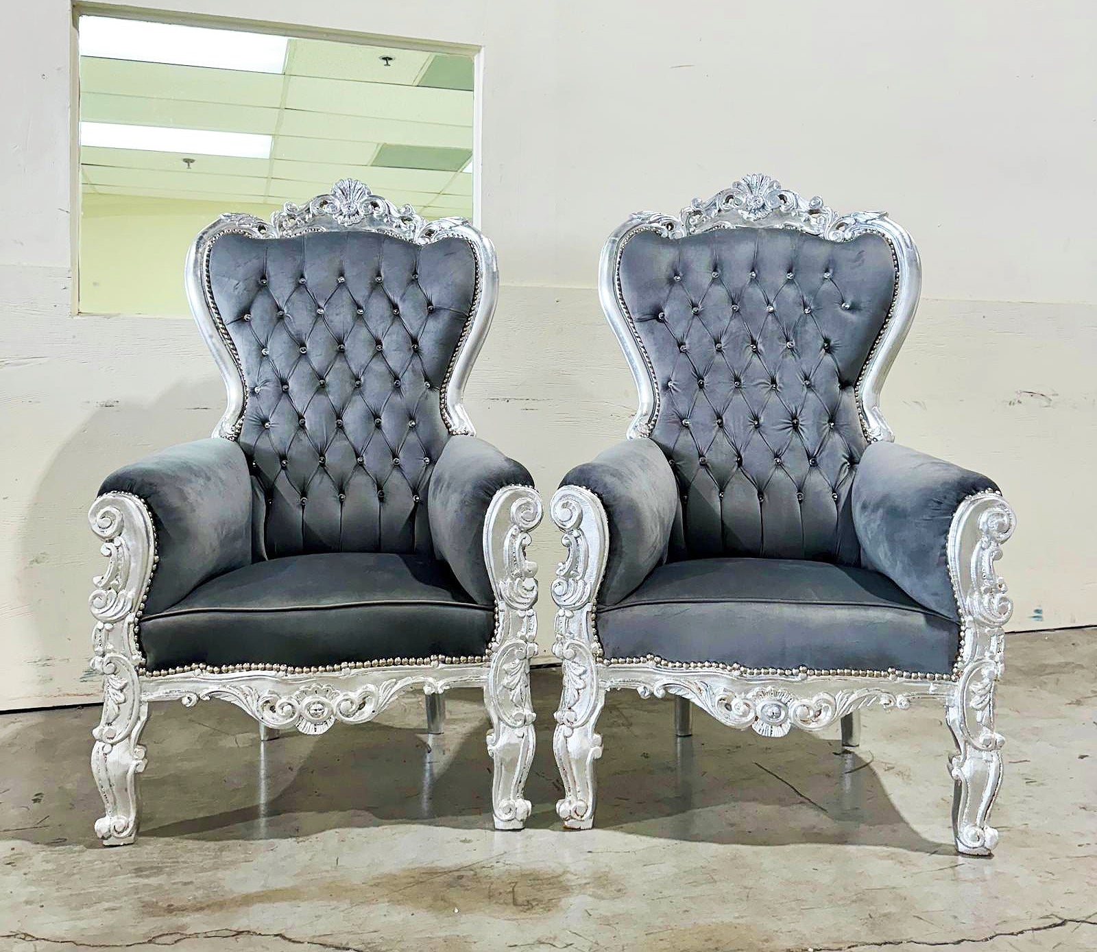 French Style Gray Velvet Throne Chair Tufted Midsize Silver Details Baroque