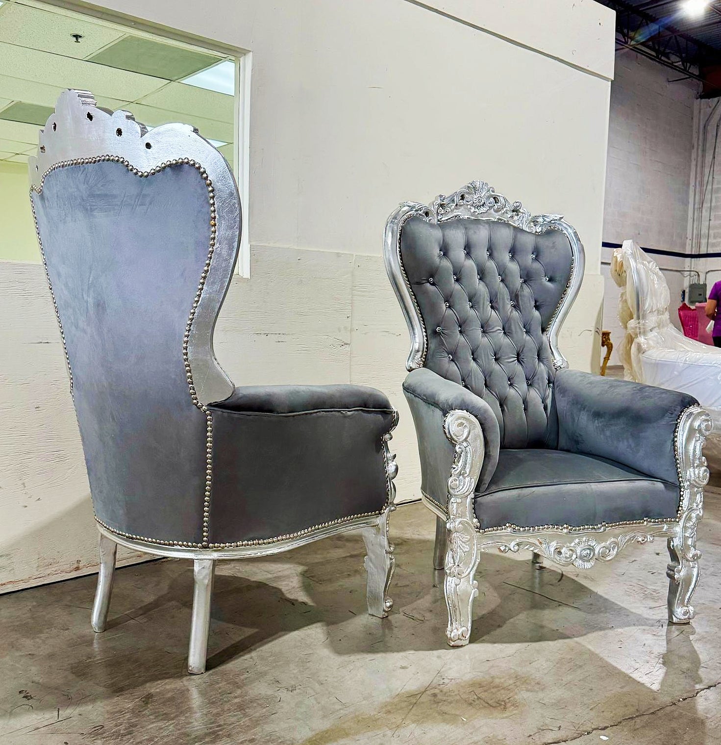 French Style Gray Velvet Throne Chair Tufted Midsize Silver Details Baroque