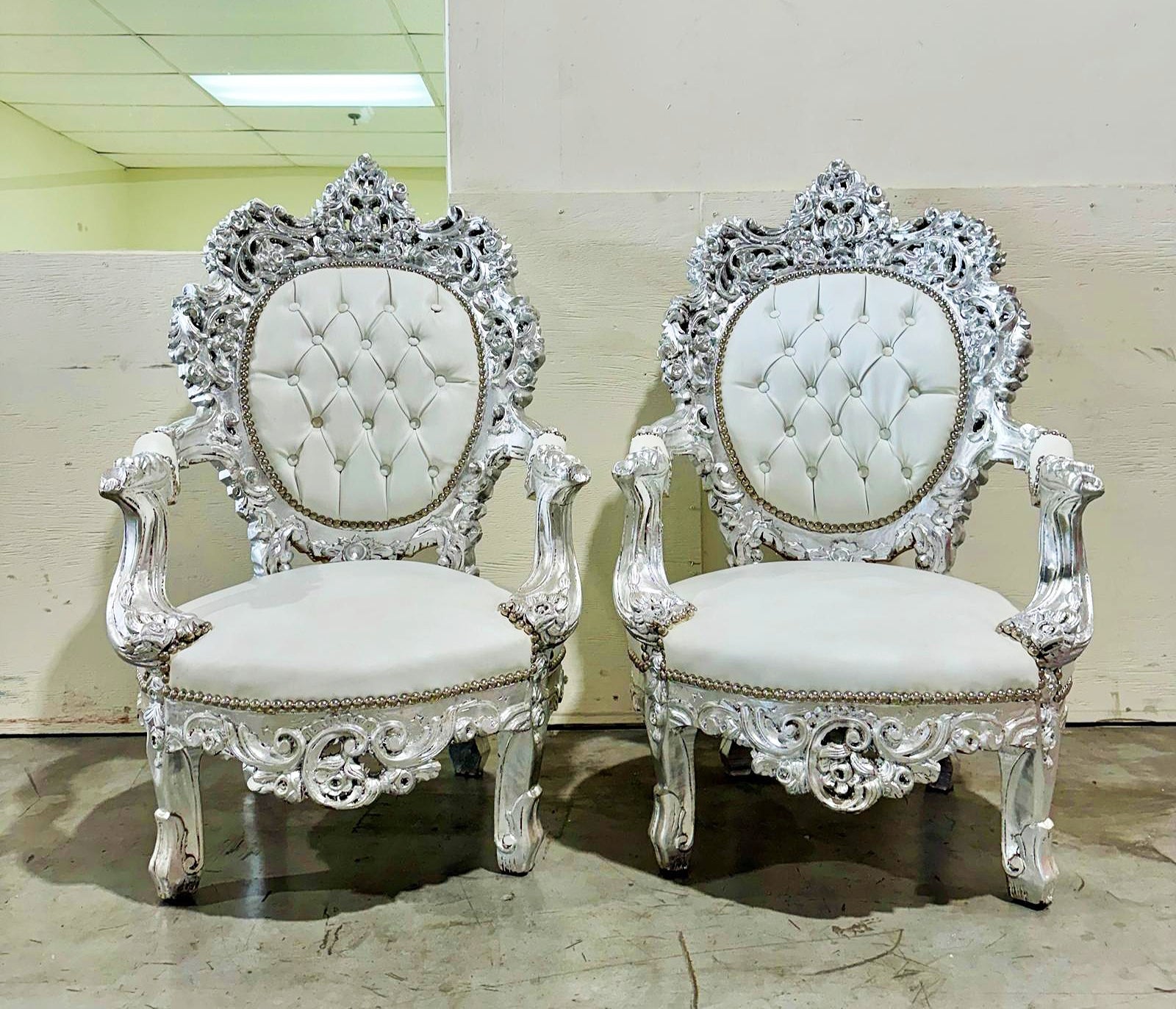 French Style Louis XVI White Armchair Chair with Silver Leaf Details