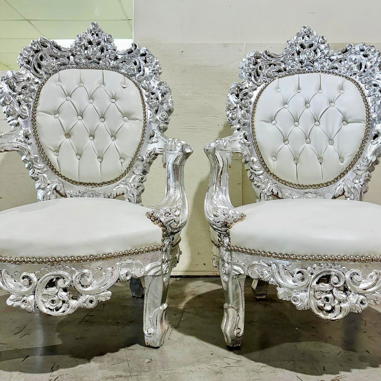 French Style Louis XVI White Armchair Chair with Silver Leaf Details