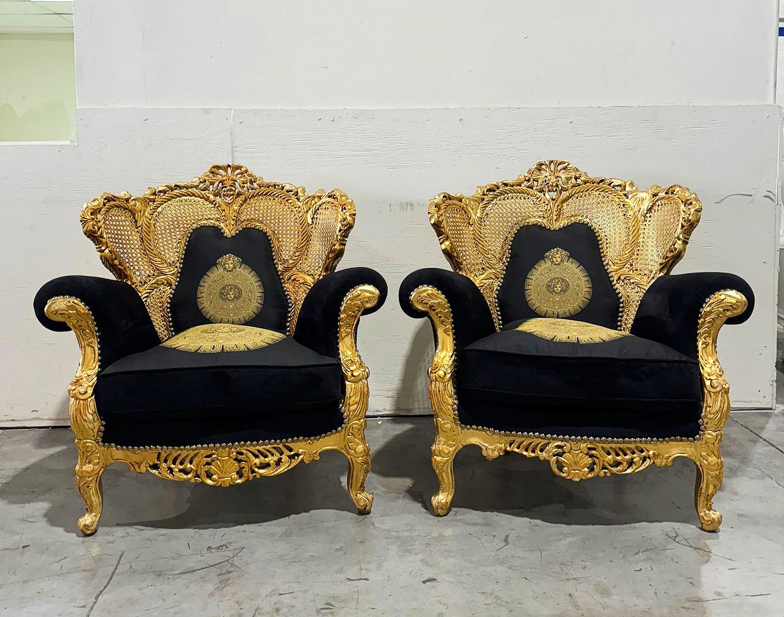 Rococo Style Louis XVI Black Velvet Armchair with Gold Leaf Details