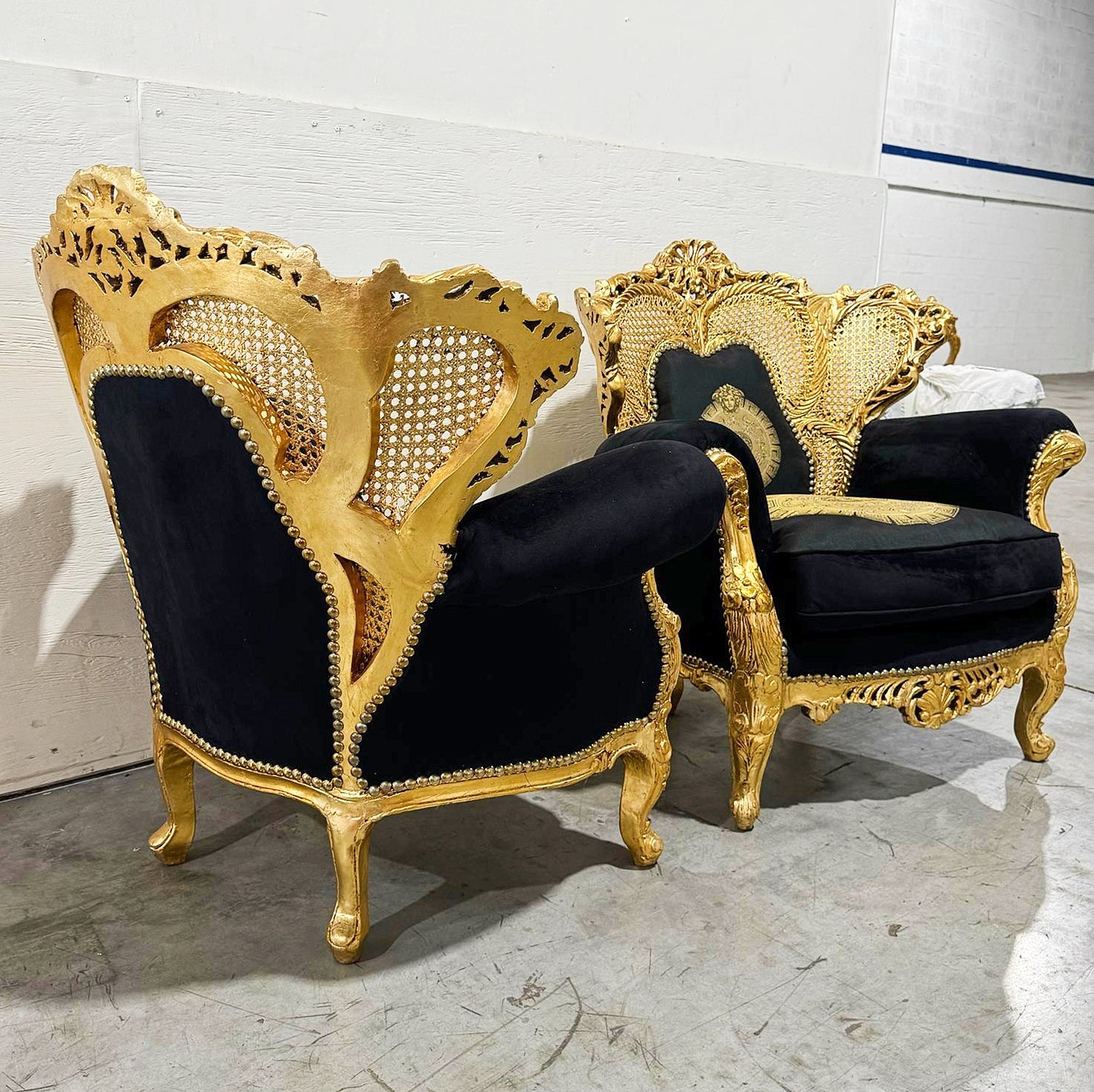 Rococo Style Louis XVI Black Velvet Armchair with Gold Leaf Details