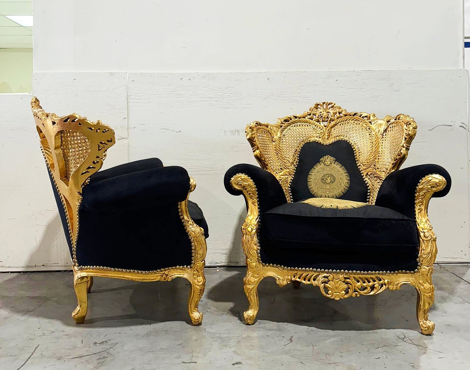 Rococo Style Louis XVI Black Velvet Armchair with Gold Leaf Details