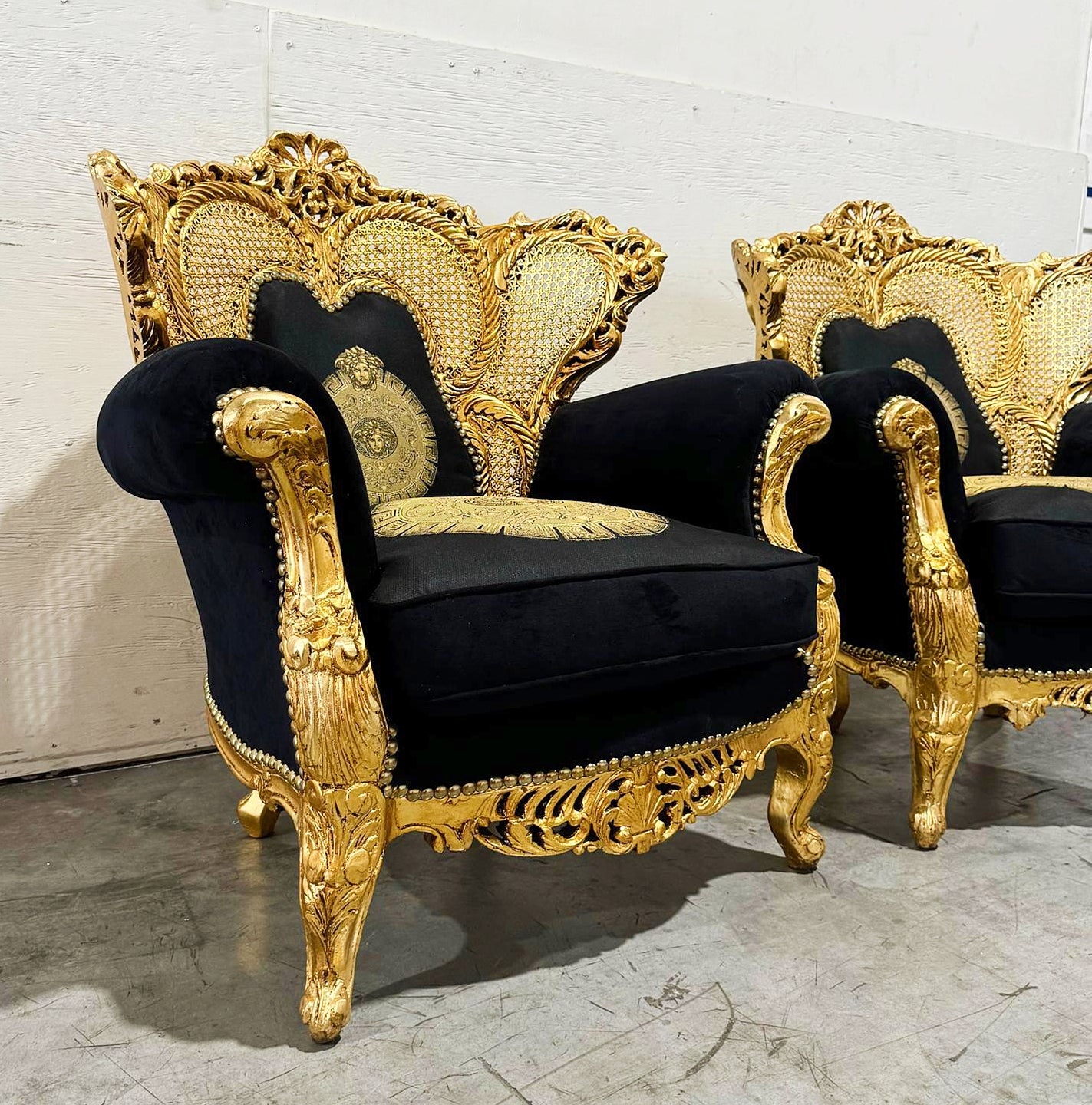 Rococo Style Louis XVI Black Velvet Armchair with Gold Leaf Details