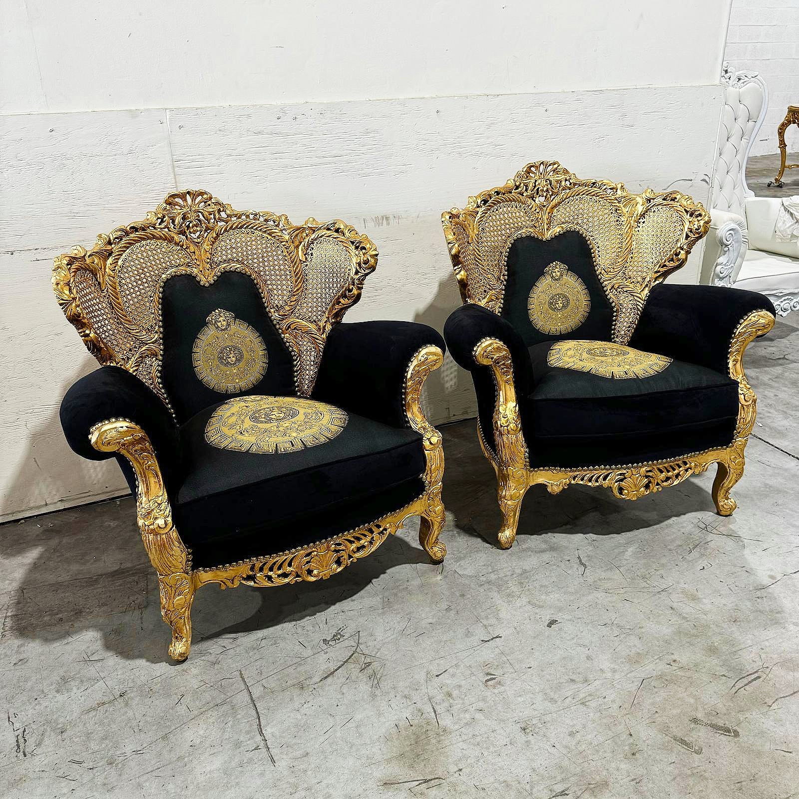 Rococo Style Louis XVI Black Velvet Armchair with Gold Leaf Details
