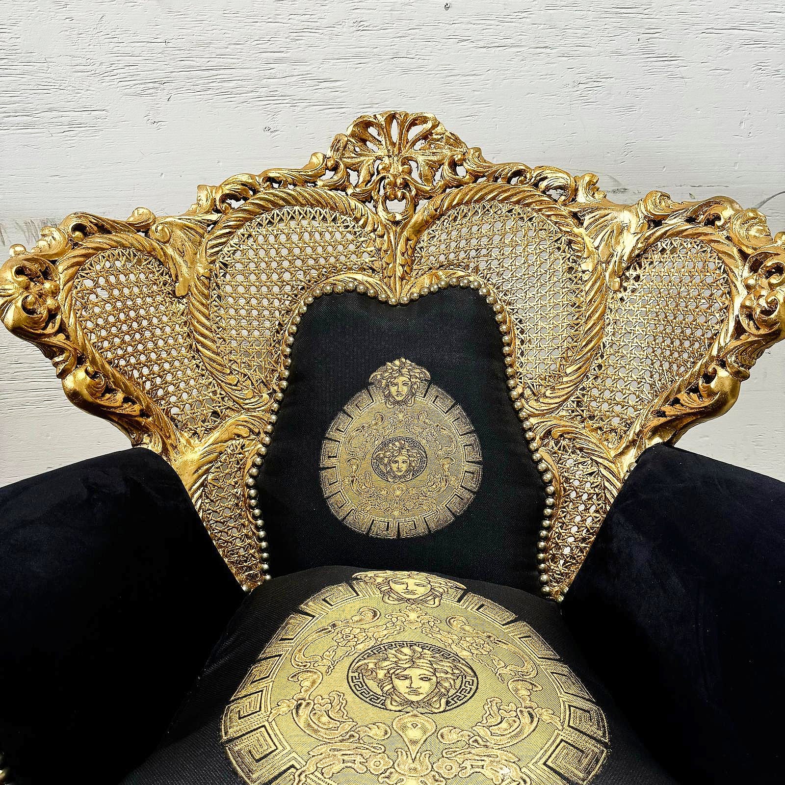 Rococo Style Louis XVI Black Velvet Armchair with Gold Leaf Details