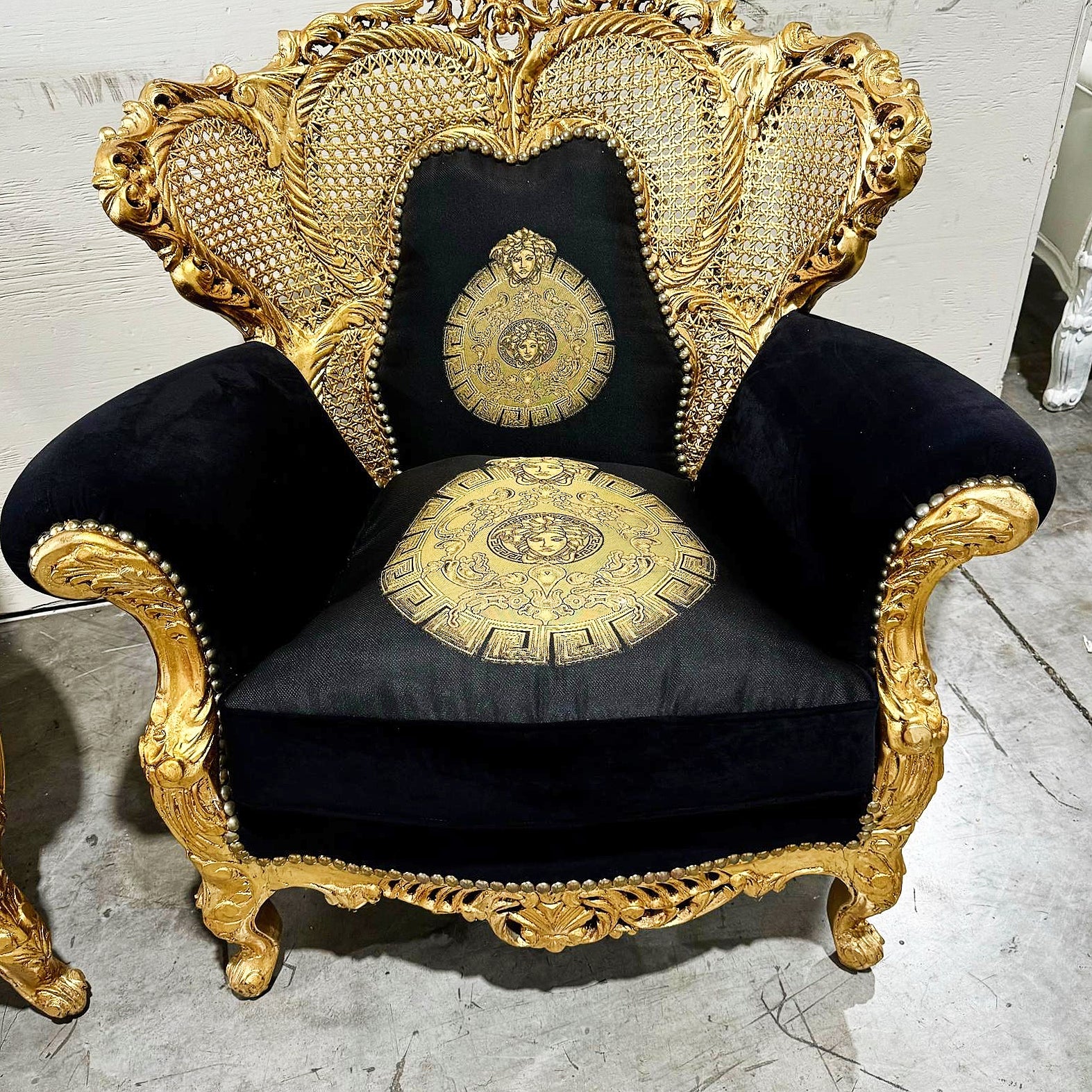 Rococo Style Louis XVI Black Velvet Armchair with Gold Leaf Details