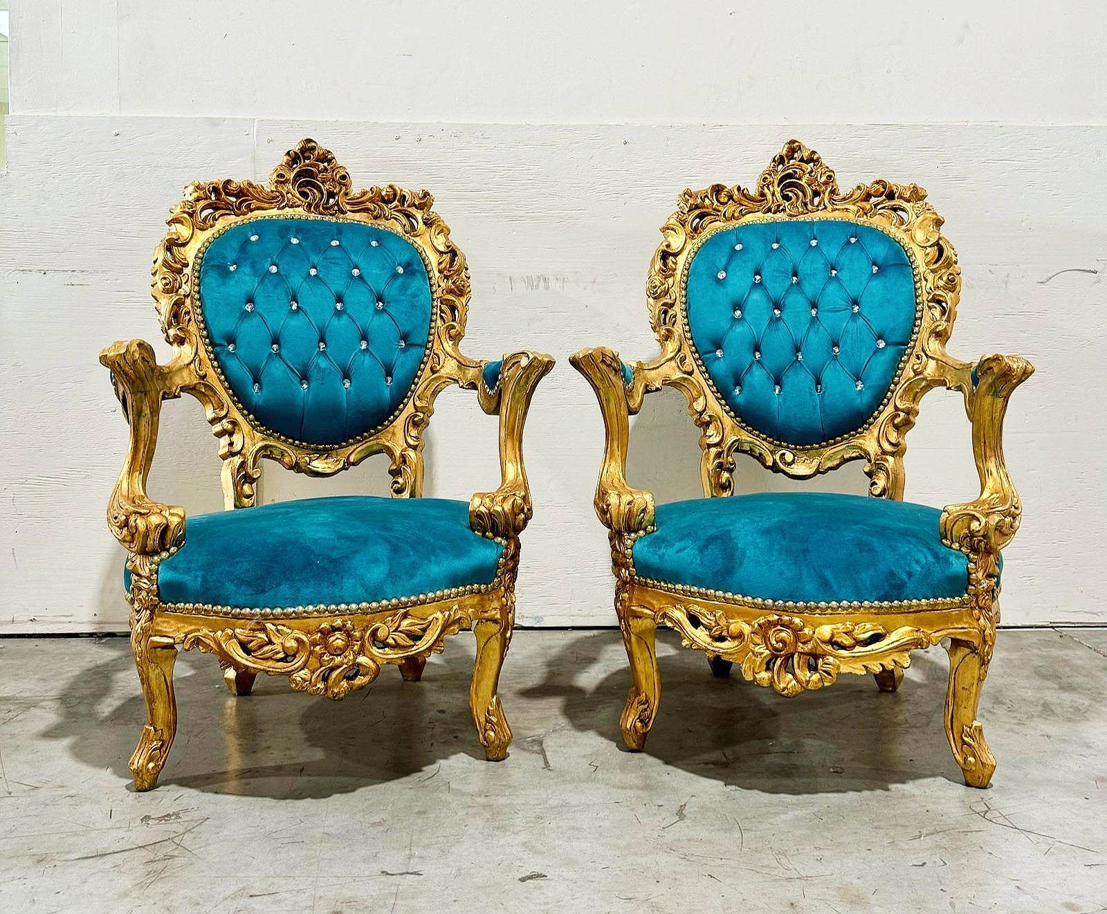 French Style Louis XVI Turquoise Velvet Armchair Chair with Gold Details