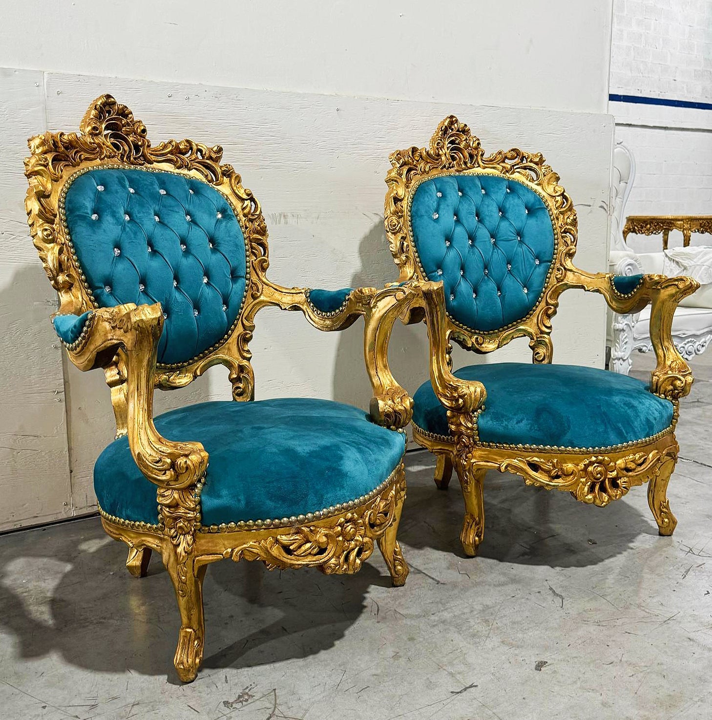 French Style Louis XVI Turquoise Velvet Armchair Chair with Gold Details