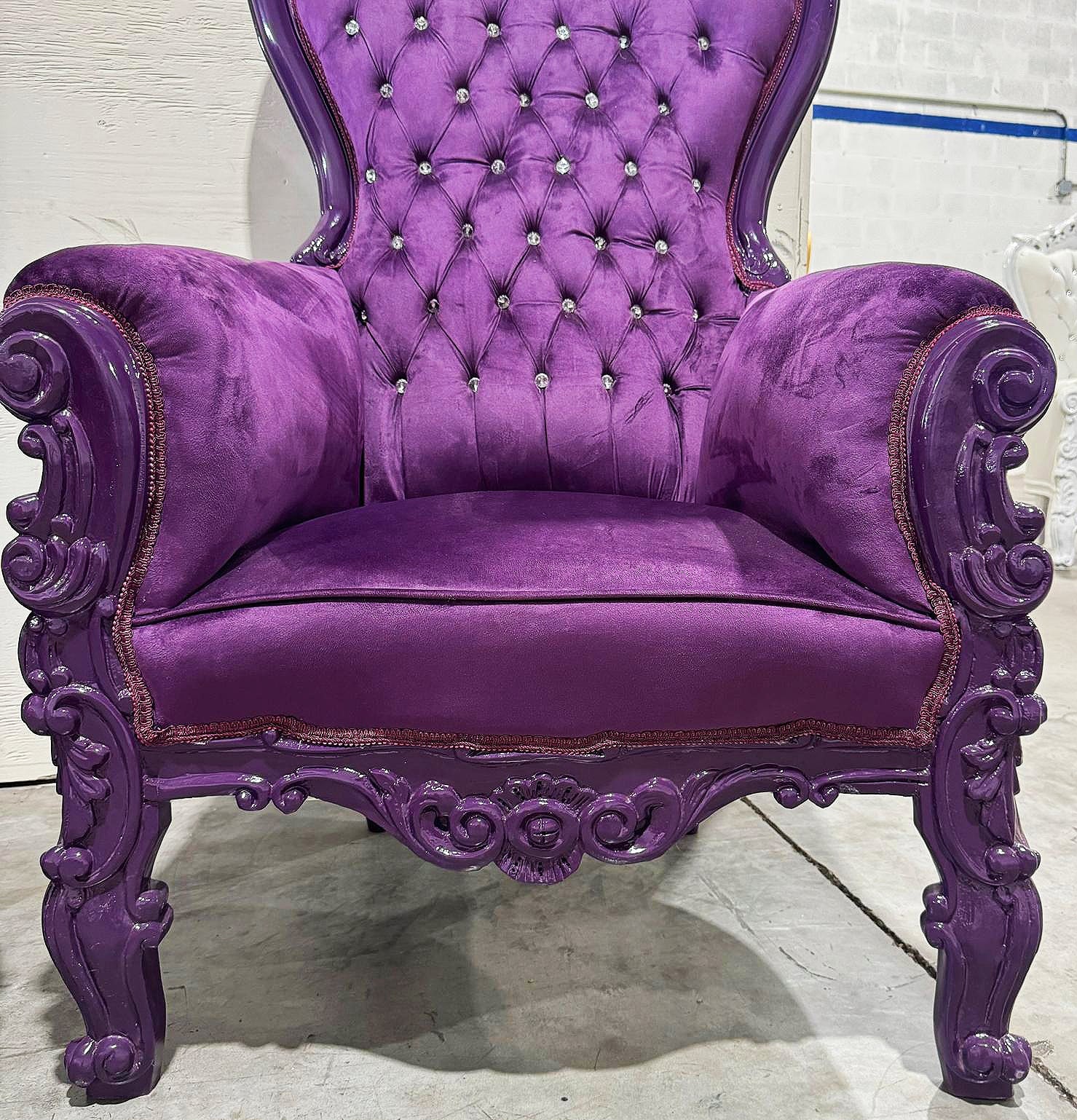 French Style Purple Velvet Throne Chair Midsize Tufted Chair