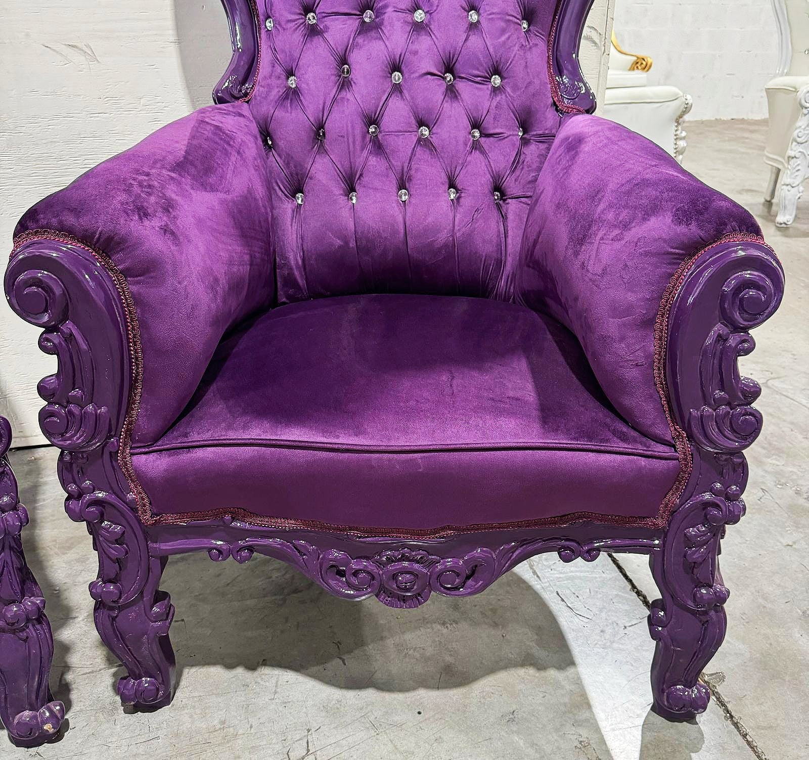 French Style Purple Velvet Throne Chair Midsize Tufted Chair