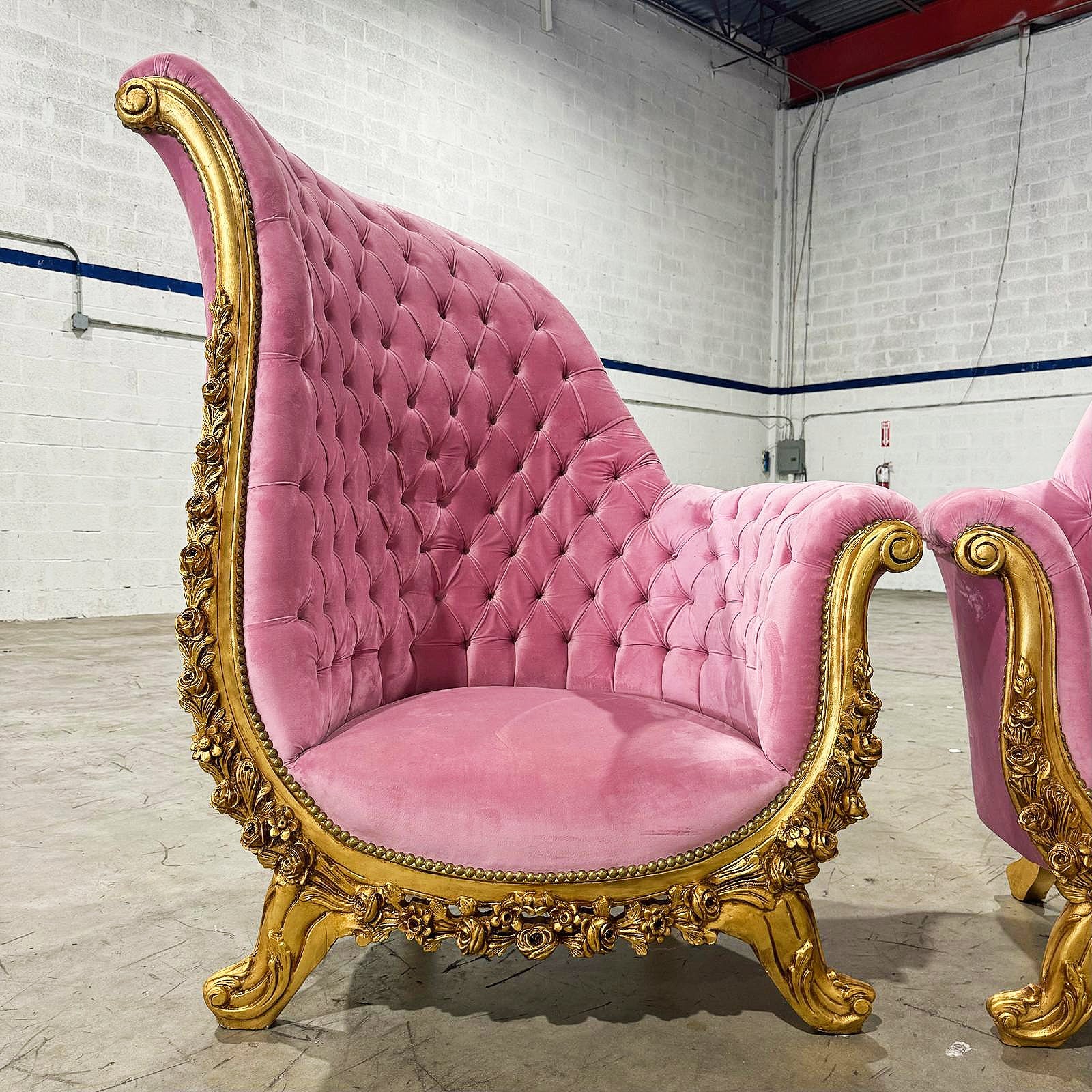 French Style Tufted Chair Pink Velvet Gold Details Rococo Baroque Furniture