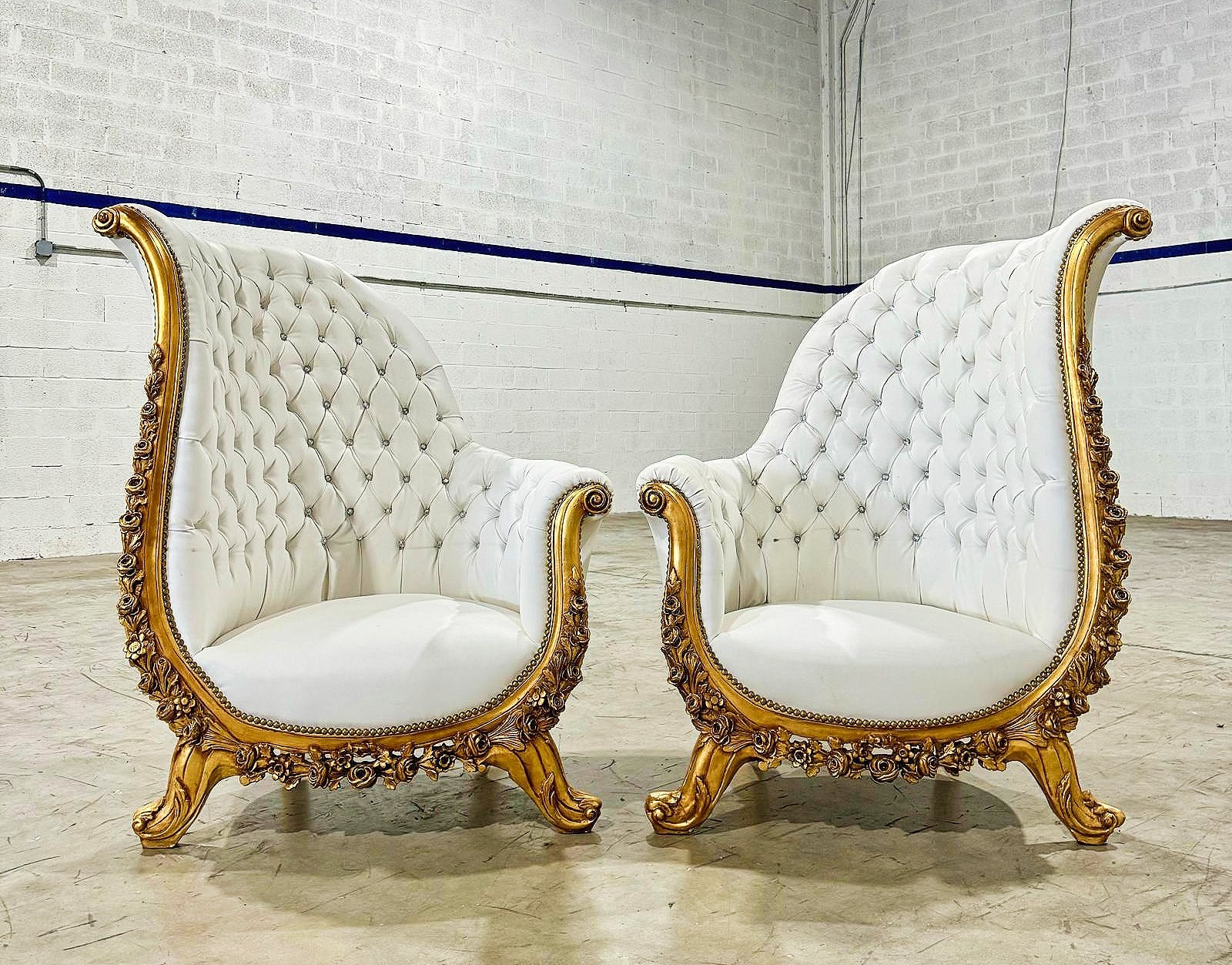 French Style Tufted Chair White Leather Gold Details Set Furniture Rococo