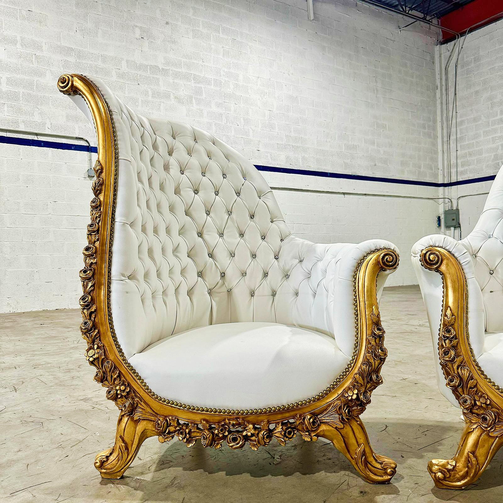 French Style Tufted Chair White Leather Gold Details Set Furniture Rococo