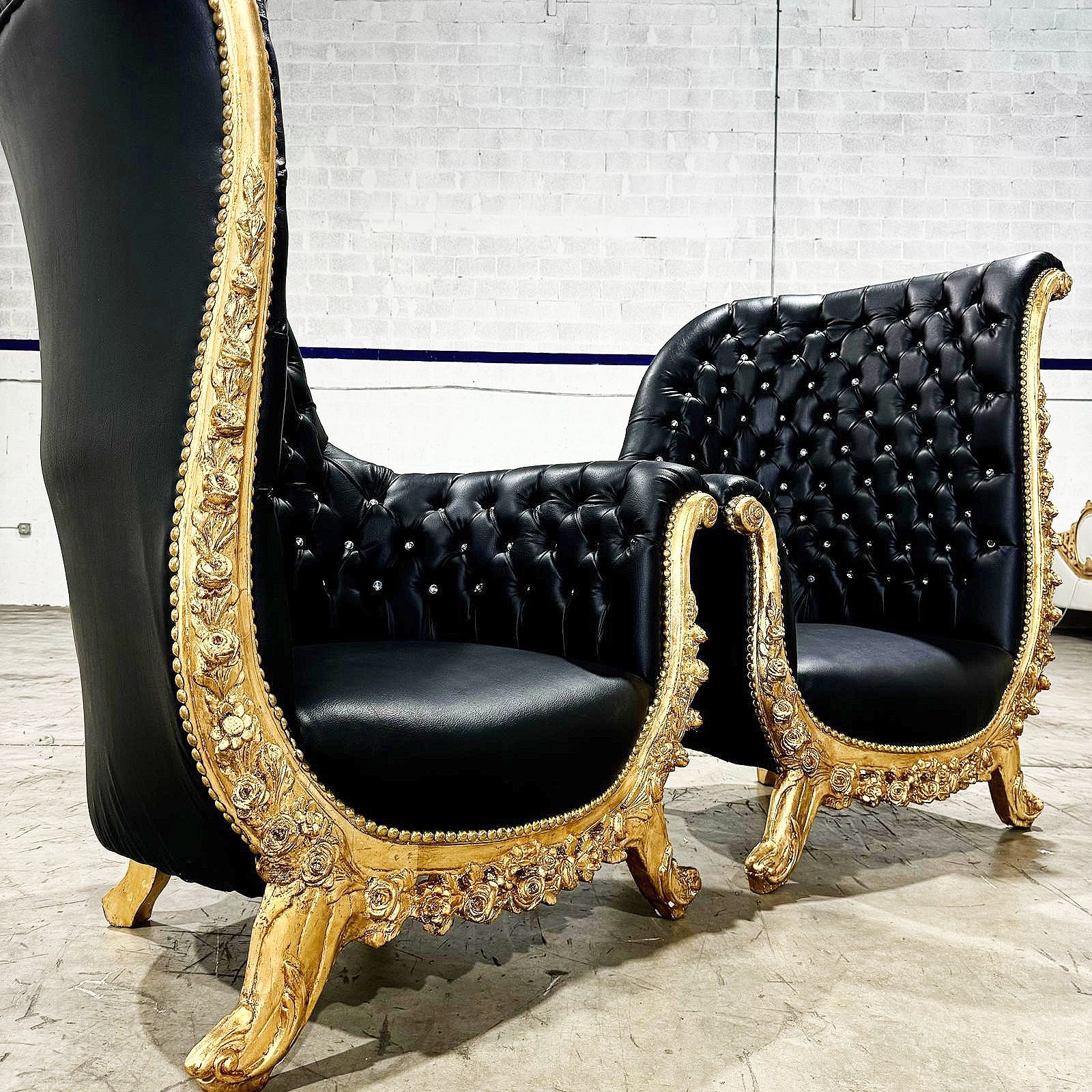 French Style Tufted Black Leather Chair with Gold Leaf Details – Rococo Baroque Accent Chair