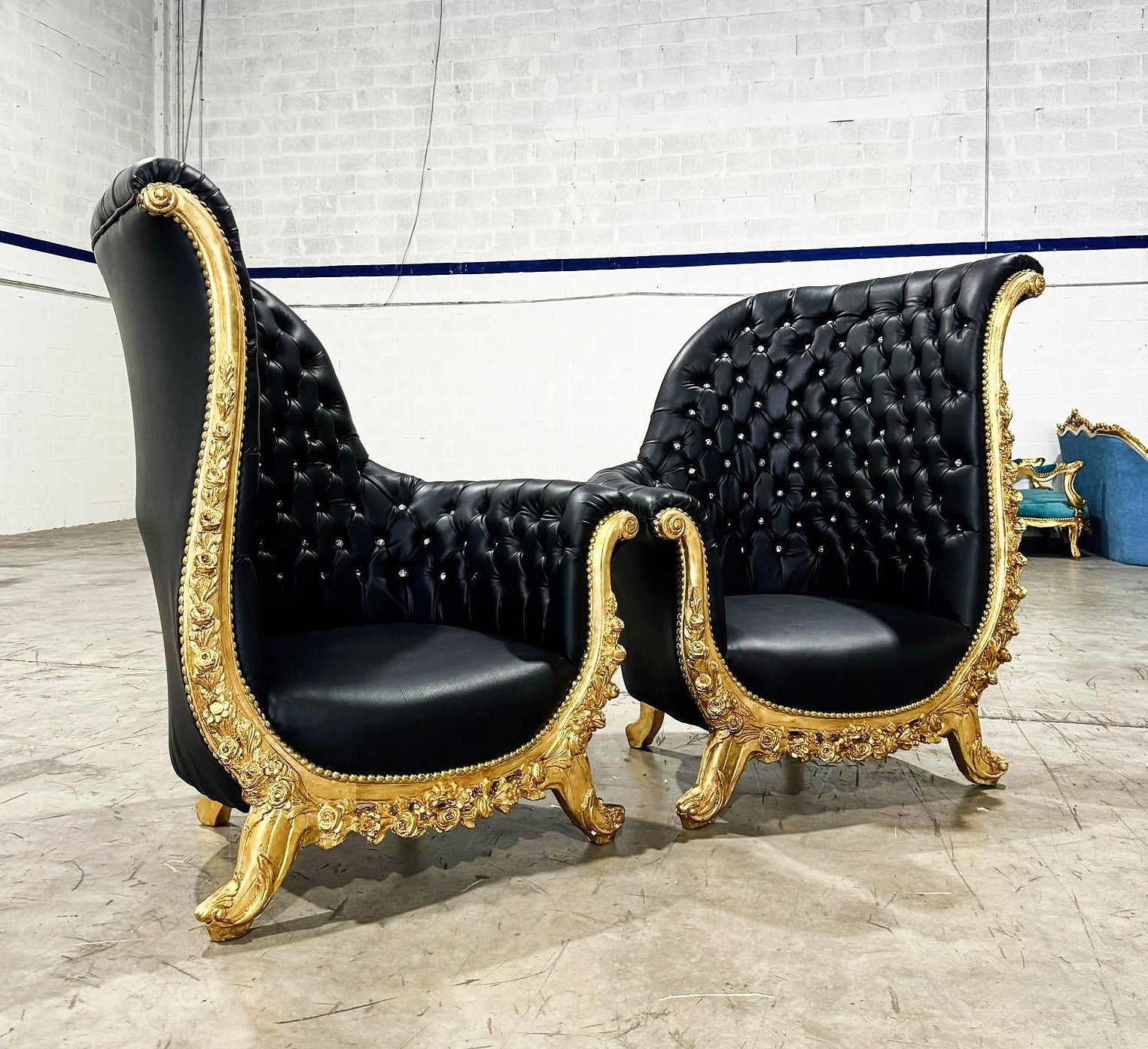 French Style Tufted Black Leather Chair with Gold Leaf Details – Rococo Baroque Accent Chair