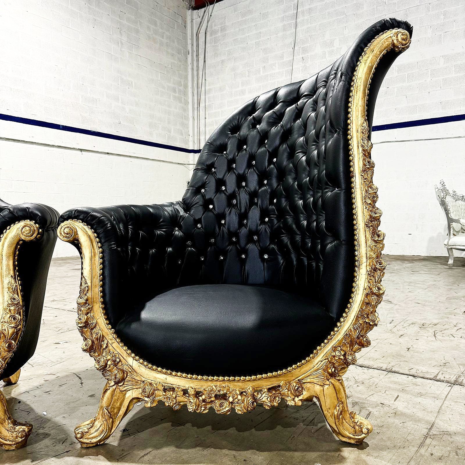 French Style Tufted Black Leather Chair with Gold Leaf Details – Rococo Baroque Accent Chair