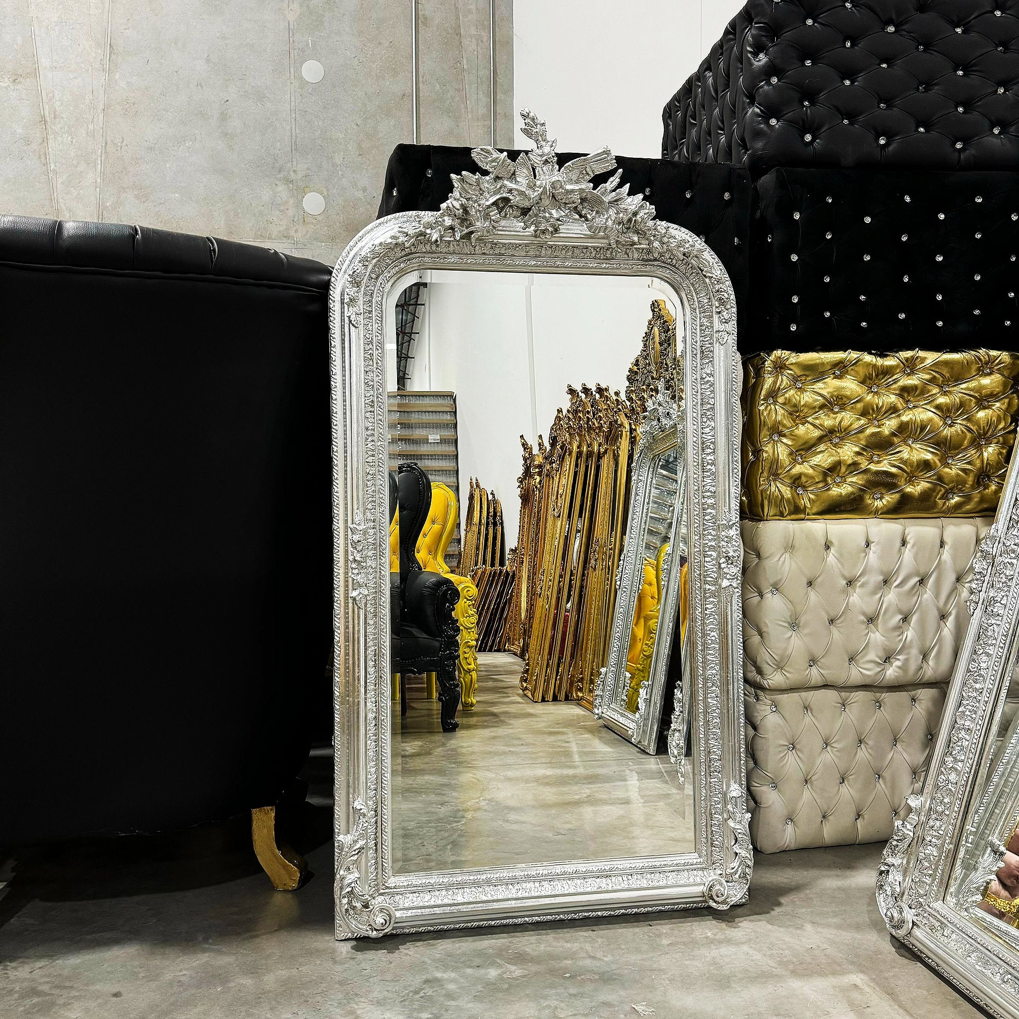 French Style Silver Birds Floor Mirror 5 Feet Tall Silver Leaf