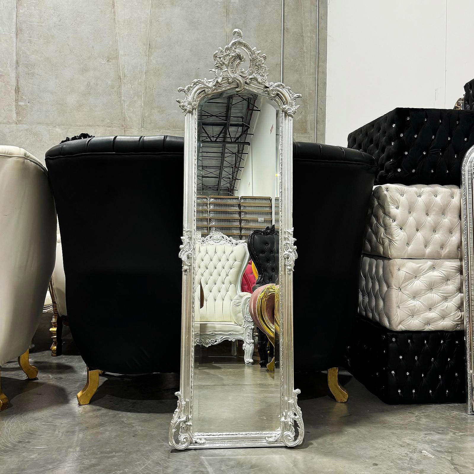French Style Silver Floor Mirror Refinished in Silver Leaf
