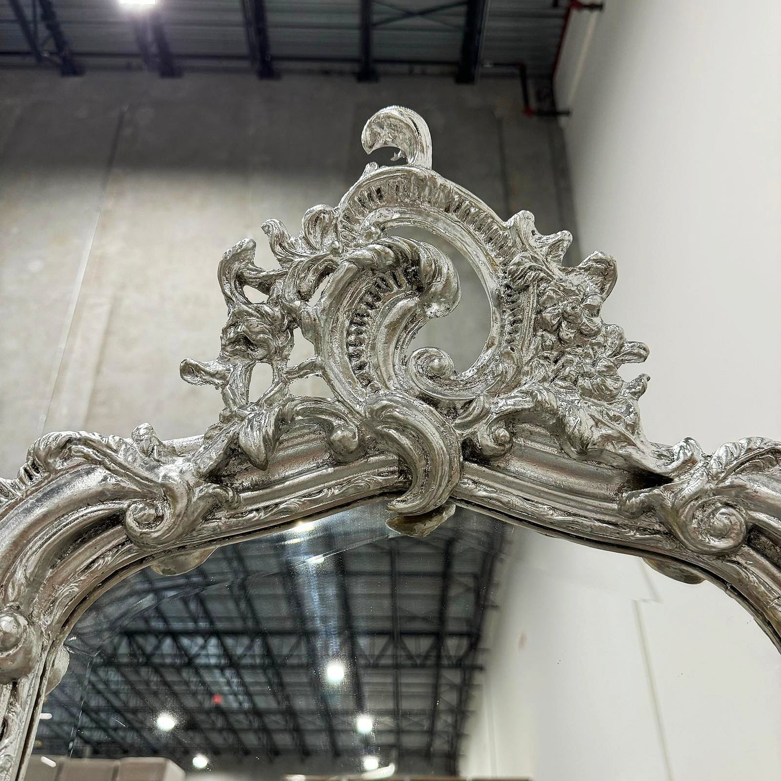 French Style Silver Floor Mirror Refinished in Silver Leaf