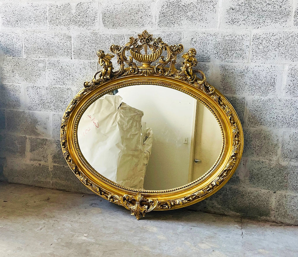 French-Italian Style Golden Oval Mirror Gold Leaf Details