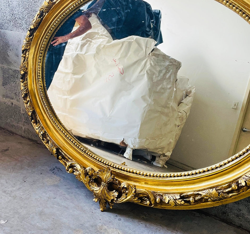 French-Italian Style Golden Oval Mirror Gold Leaf Details