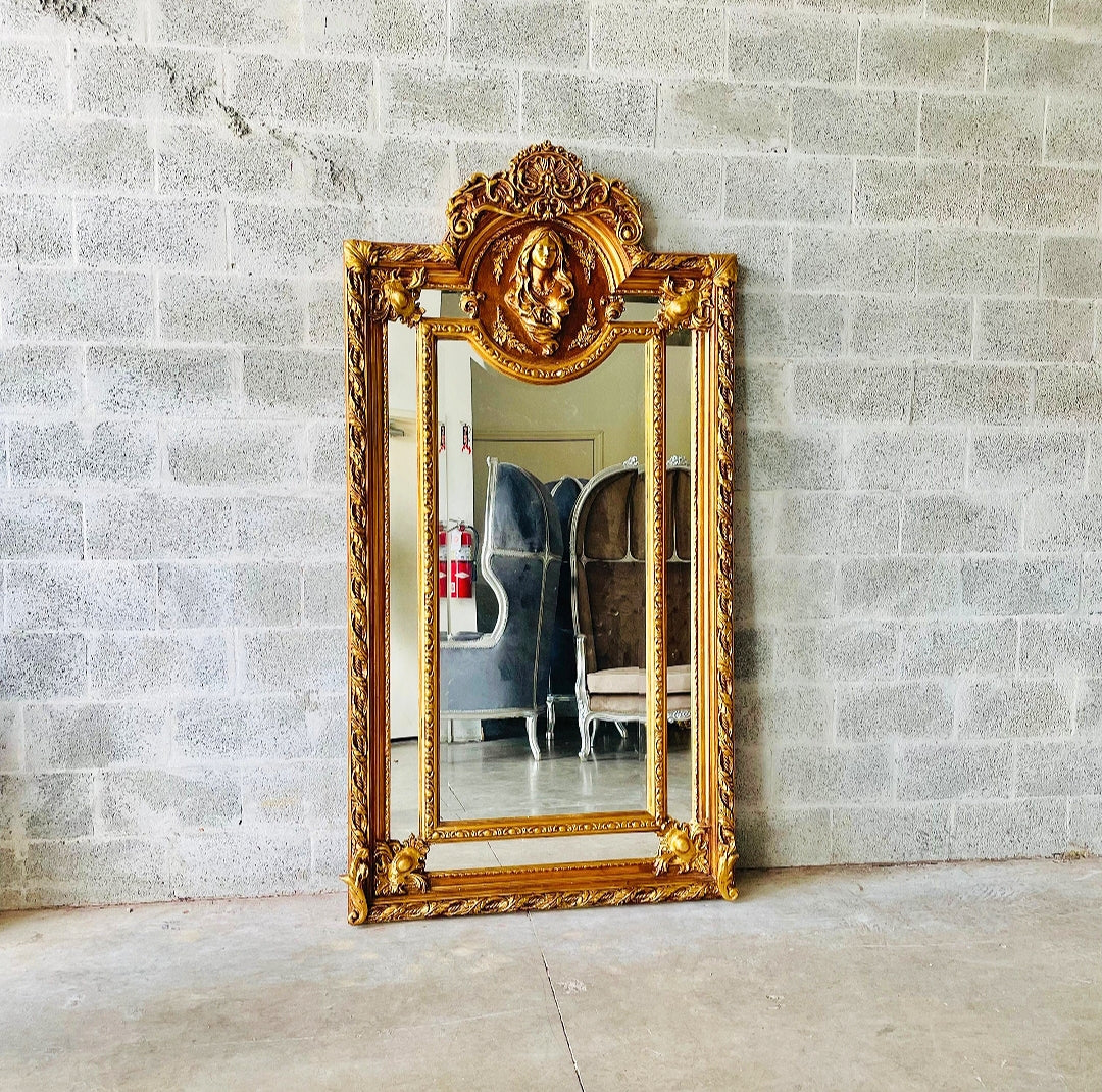 French Woman Face Mirror Baroque Style Rococo Floor Gold Leaf 7.2 Feet Tall
