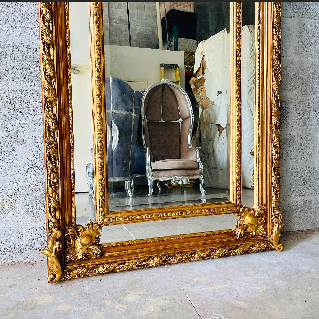 French Woman Face Mirror Baroque Style Rococo Floor Gold Leaf 7.2 Feet Tall