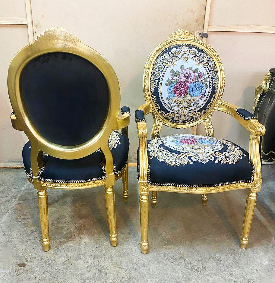 French Style Tufted Black Velvet Chair with Gold Details