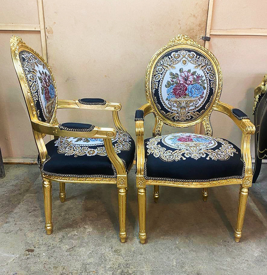 French Style Tufted Black Velvet Chair with Gold Details