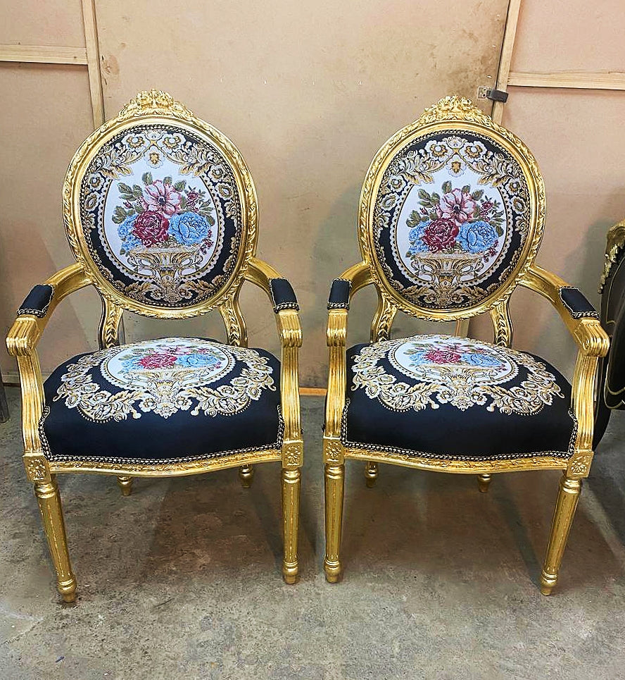 French Style Tufted Black Velvet Chair with Gold Details
