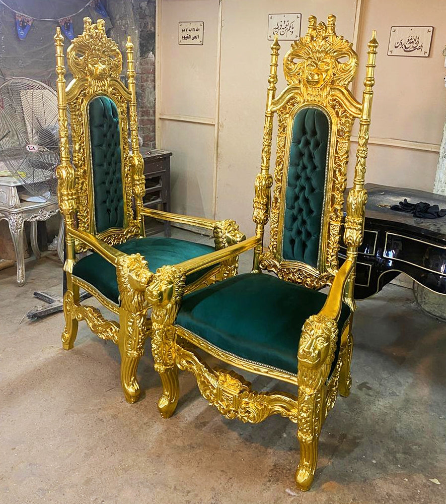 French Medieval Style King Throne Chair with Green Velvet and Gold Leaf Details