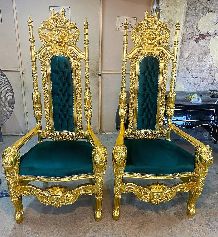 French Medieval Style King Throne Chair with Green Velvet and Gold Leaf Details
