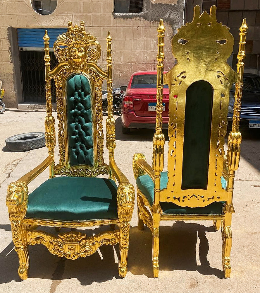 French Medieval Style King Throne Chair with Green Velvet and Gold Leaf Details
