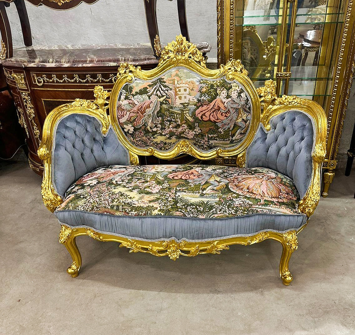 French Style Sofa Tufted Settee Bench with Blue Velvet & Patterned Fabric