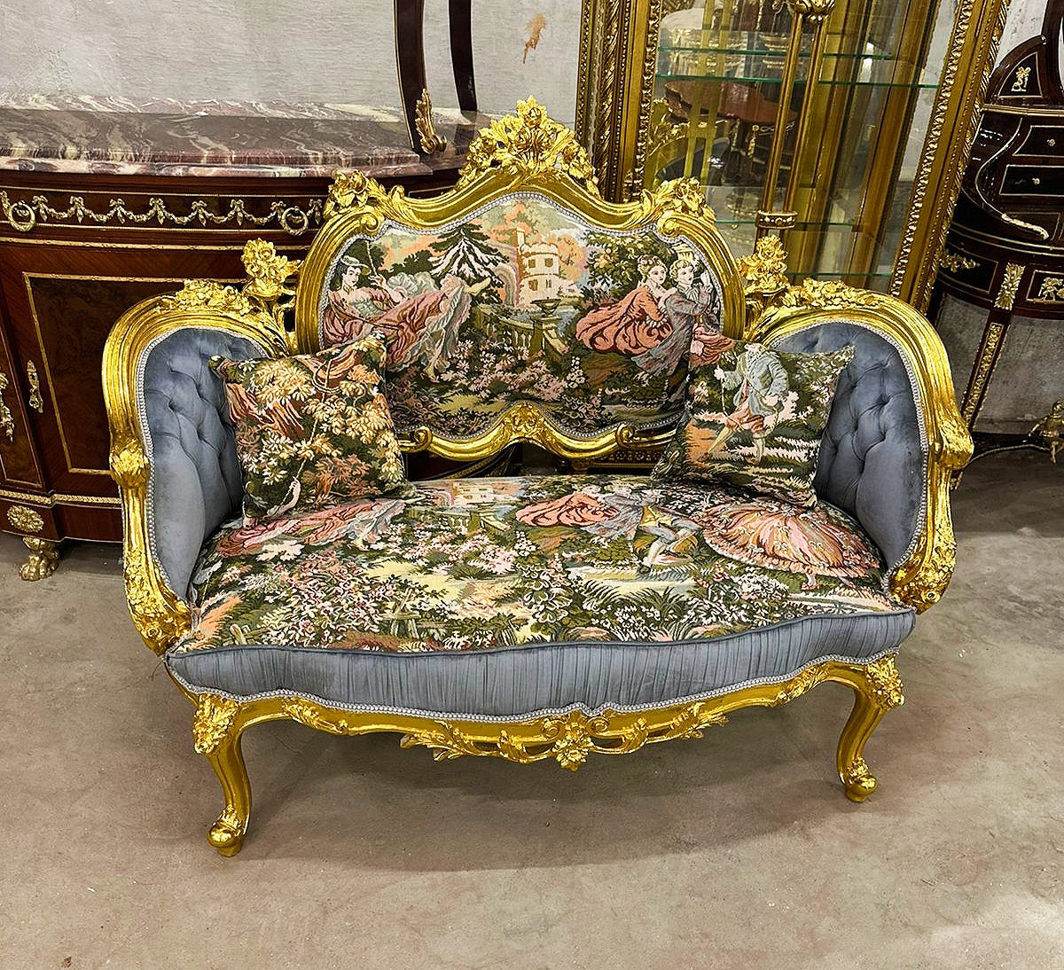French Style Sofa Tufted Settee Bench with Blue Velvet & Patterned Fabric