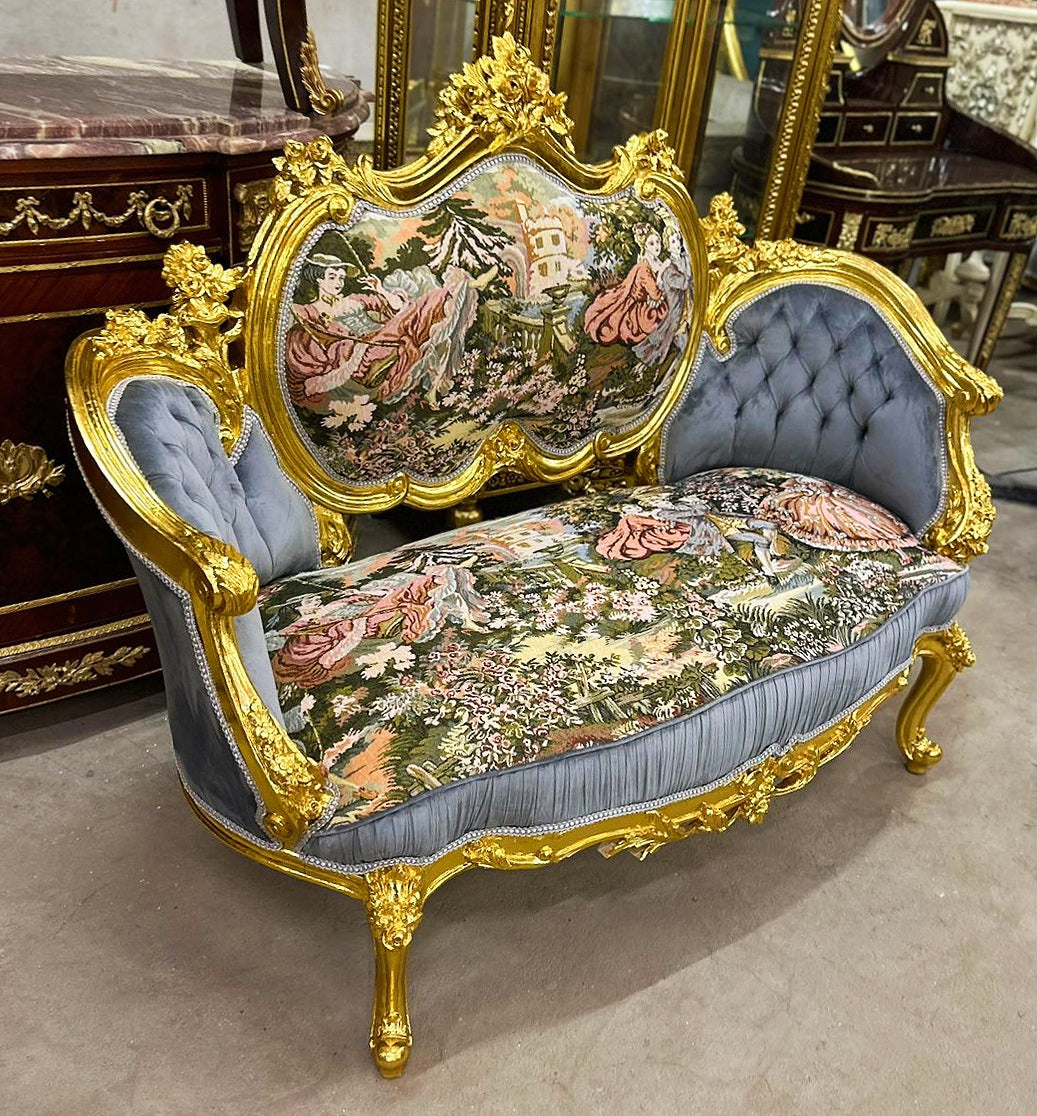 French Style Sofa Tufted Settee Bench with Blue Velvet & Patterned Fabric