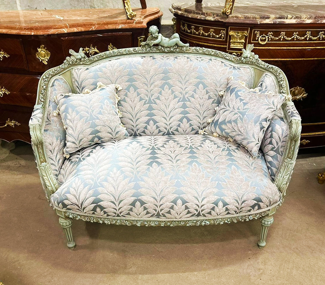 French Rococo Style Sky Blue Sofa With 2 Pillows