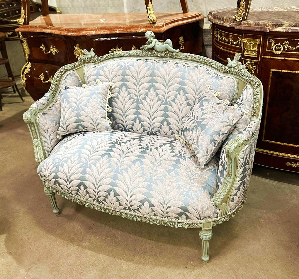 French Rococo Style Sky Blue Sofa With 2 Pillows