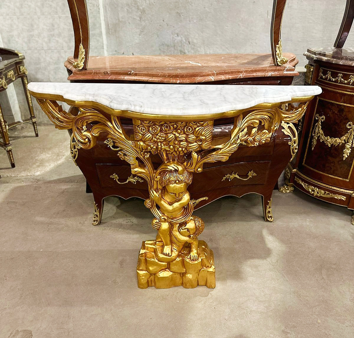 Rococo Style Marble Topped Console Table With Gold Details