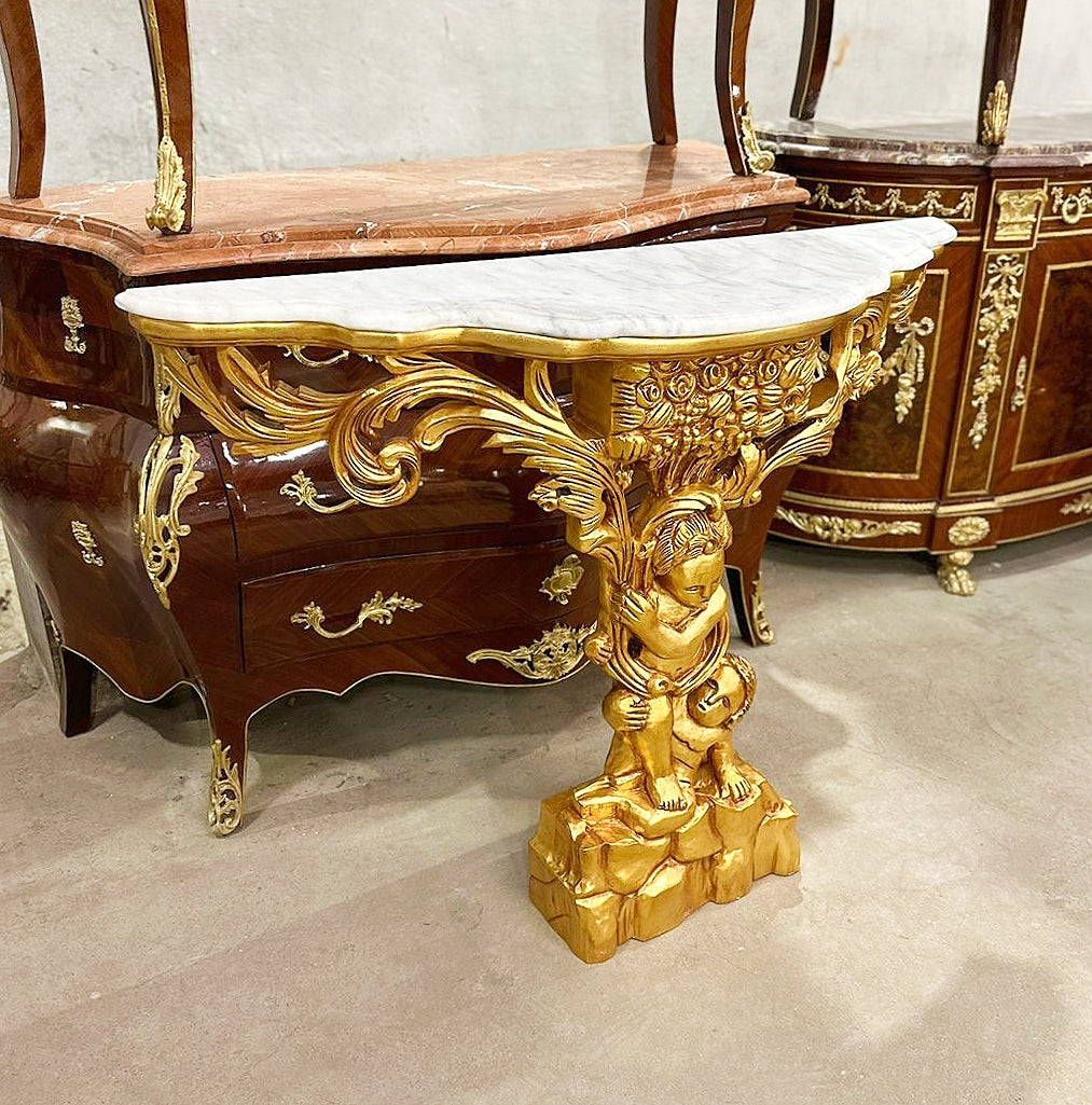 Rococo Style Marble Topped Console Table With Gold Details
