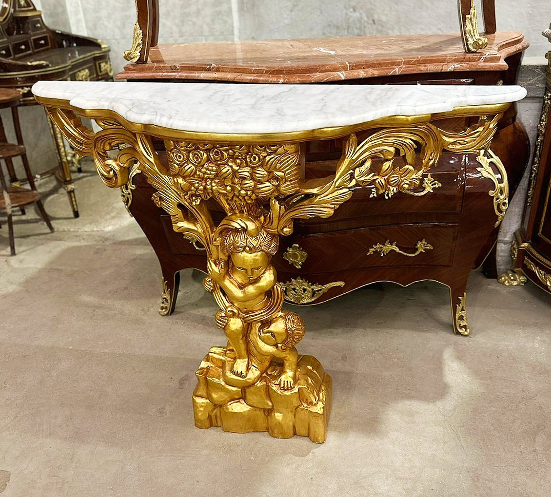 Rococo Style Marble Topped Console Table With Gold Details