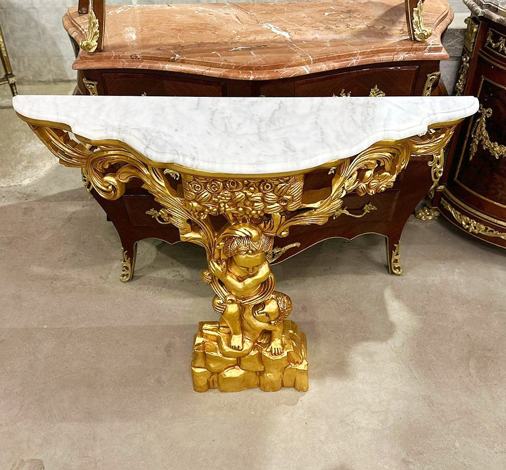 Rococo Style Marble Topped Console Table With Gold Details